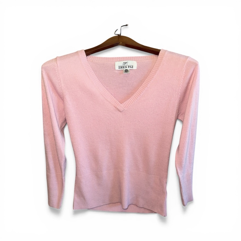 Zhen Pai Soft Pastel Pink V-Neck Wool Sweater Made in Italy Women’s Size Small